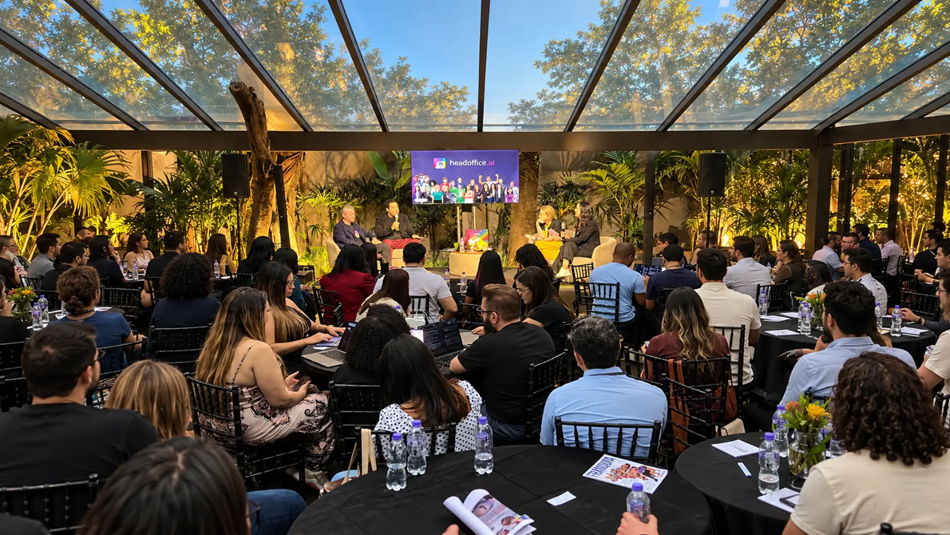 Evento HeadOffice.ai com público e painel no palco